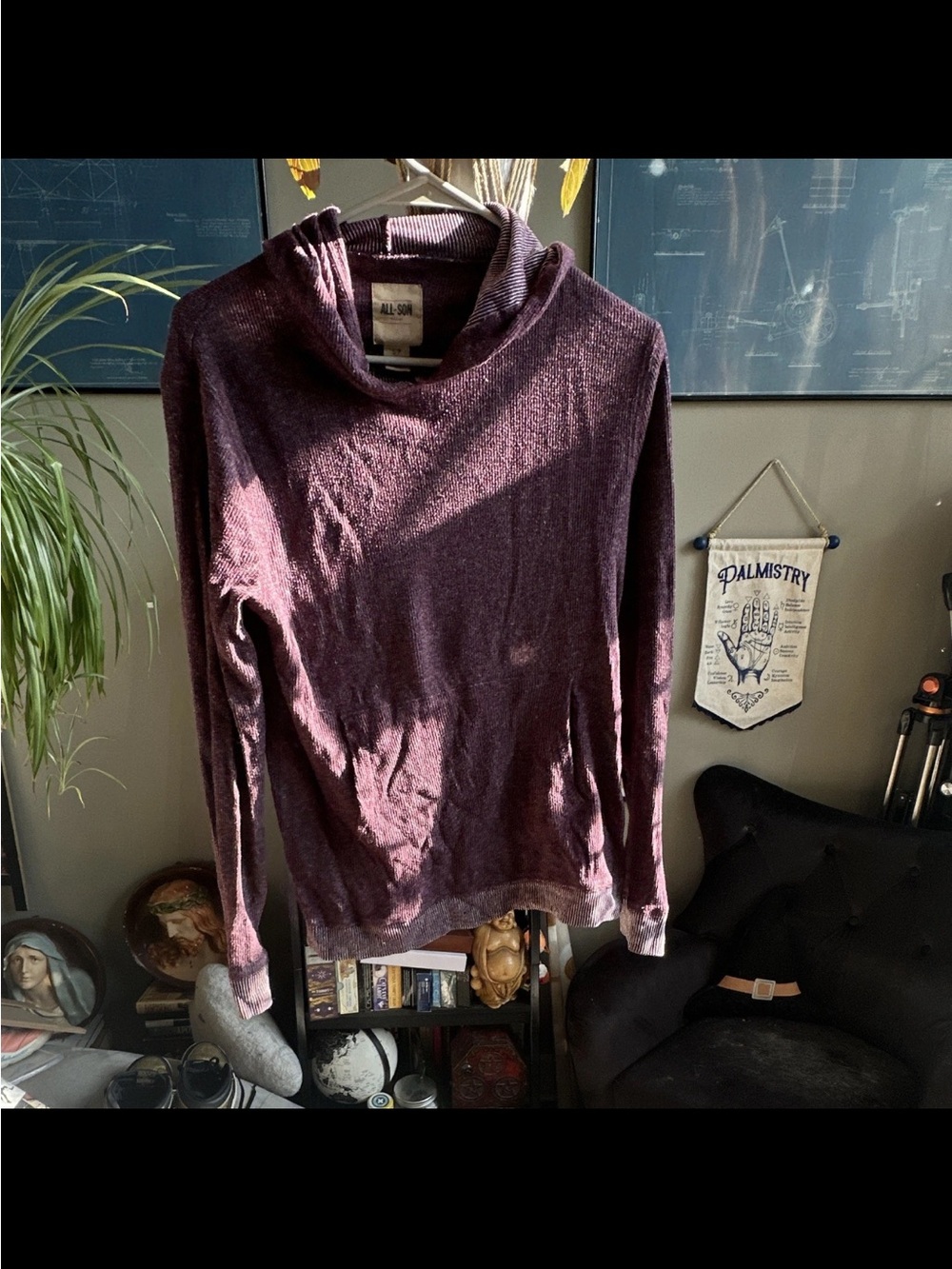 Men's Long-Sleeve Cowl Neck Sweater in Plum
